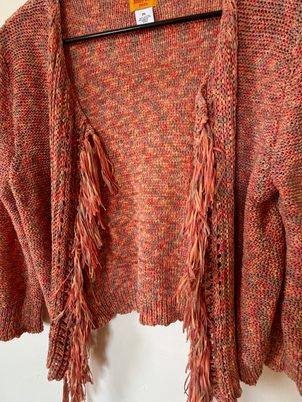 Ruby Rd. Open-Front Fringe Cardigan - Orange Mix - Picture 2 of 6